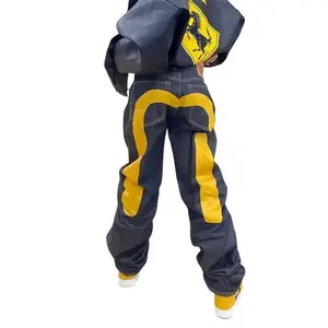 Jeans Women Gothic Y2K Retro Streetwear Black Cargo Punk Vintage Kpop Print Wide Leg Denim Pants Fitted Yellow2_Brown Autumn Bottoms Machine Washable Womenswear Trouser Casual Love Style Twist