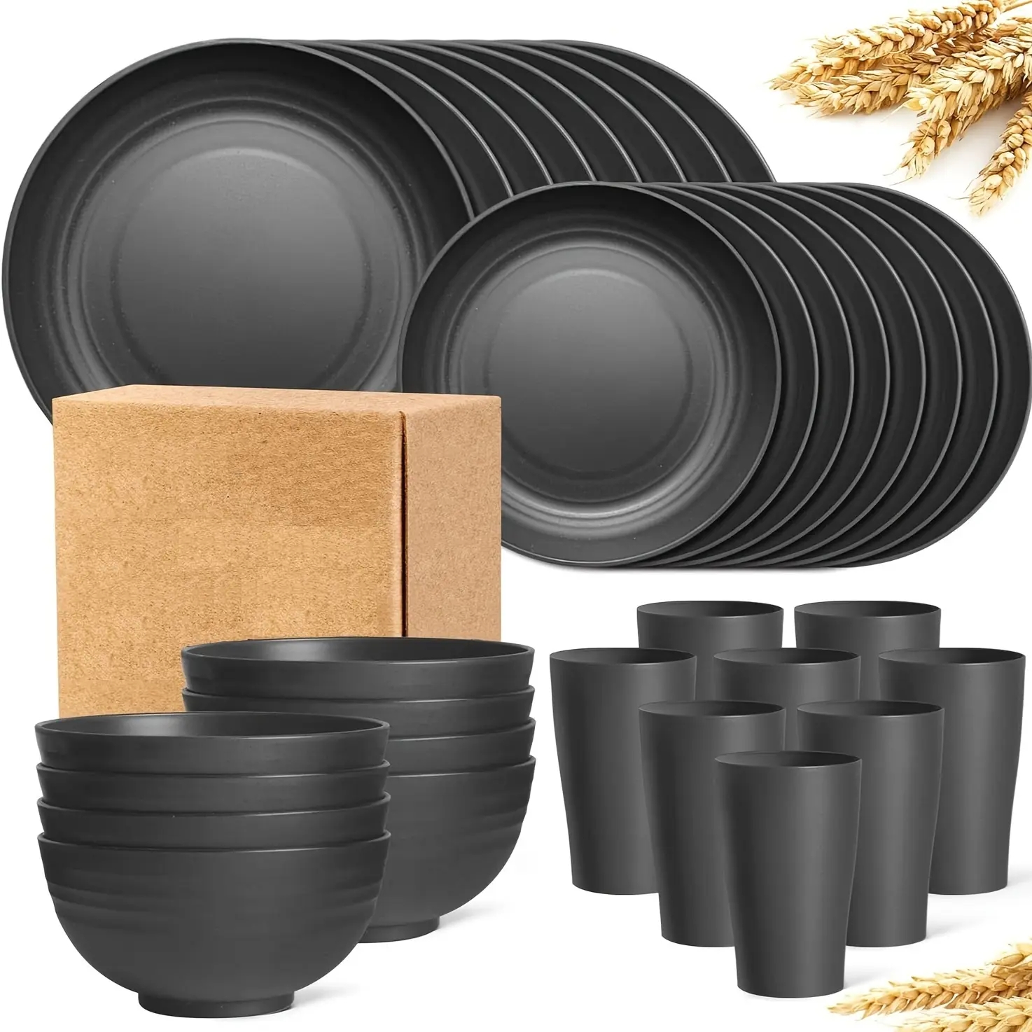sebastian CADIA, 32-Piece Plastic Cutlery Set, Lightweight Plates and Bowls Set, Microwave and Dishwasher Safe, Reusable Cutlery, Black Cutlery Set Dinnerware Tableware