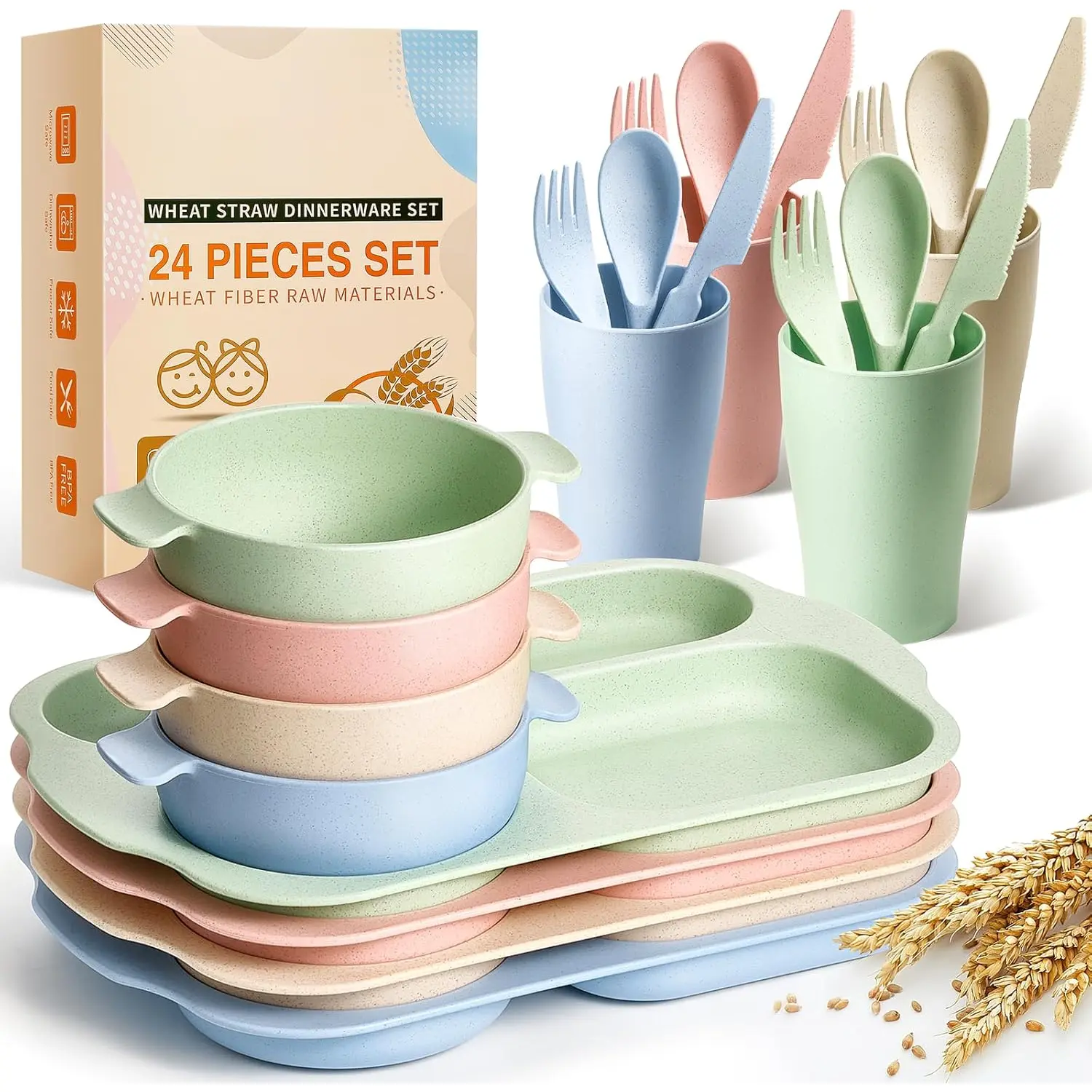 QUSEVOO 24-Pcs Classic Plain Wheat Straw Dinnerware Set, Unbreakable BPA-Free Tableware for Child & Dorms, Versatile Divided Plates, Bowls, Cups, Cutlery (Spoons, Forks, Knives), Microwave & Dishwasher Safe, Everyday, Adult