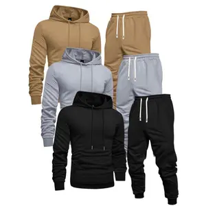 high quality 3-Pack Men'S Casual Sports Hoodie and Sweatpants Set, Solid Color, Long Sleeve Pullover Pocket, Knit Polyester, Slight Stretch, Regular Fit, Elastic Waist with Drawstring, Ribbed Cuff Pants - Spring/Fall Athletic Outfit Clothing Tops