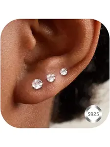 Silver 925 Earrings for Men and Women - Hypoallergenic Stud Earrings with Cubic Zirconia - Small Earrings Set with Jewellery Box Stud Earring Jewelry