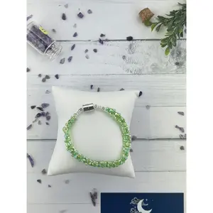 Handmade Light Green Crystal Glass Beaded Statement Bracelet with Metal Magnetic Clasp.