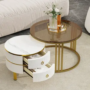 【GOOGREAT】ON-TREND Φ27.5'' & Φ19.6'' Stackable Coffee Table with 2 Drawers, Nesting Tables with Brown Tempered Glass and High Gloss Marble Tabletop, Set of 2, Round Center Table for Living Room, White
