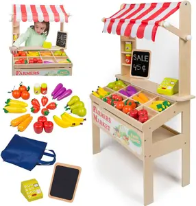 Svan Wooden Farmers Market Stand Toy- 30+ Food Pcs w Chalkboard & Cash Register- Pretend Role Play, Fun Indoor Natural Wood Grocery Set- Playroom Daycare Activity Center- Kids, Girls & Boys