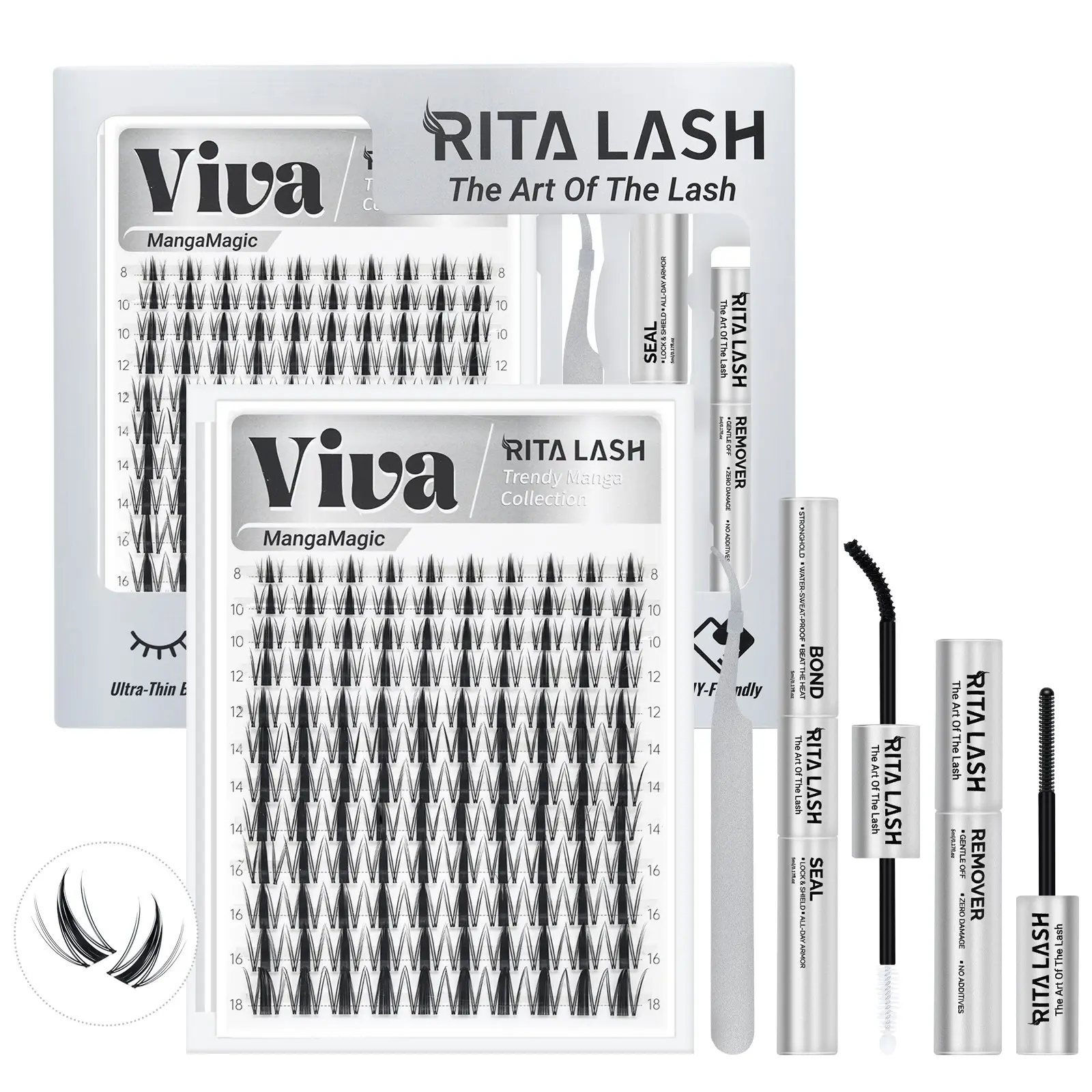 Viva, RITALASH 120pcs Eyelash, Eyelash Falsies, Manga Magic Collection DIY Lashes Kit with Ultra-Dense, Long-Lasting, Longer Looking Eyelashes, Beginner-Friendly for Flawless Voluminous Look, Clusters with Bond and Seal Remover Tweezers