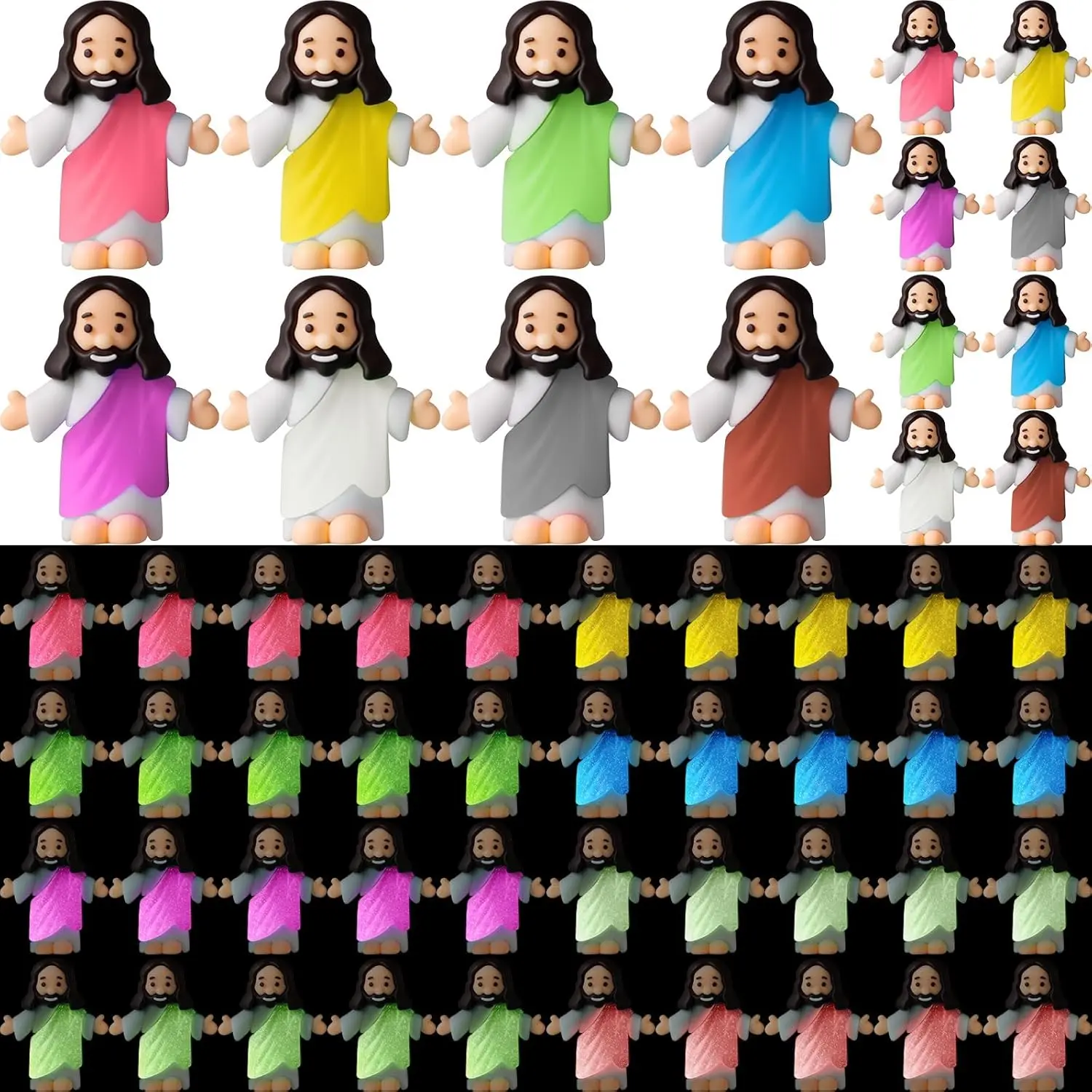 100-Piece Bulk Pack PVC Mini Jesus Ornaments, Glow-in-the-Dark 1.4x1 in Christian Religious Home Decor, Gifts for VBS Baptism Decor/Events (8 Colors)
