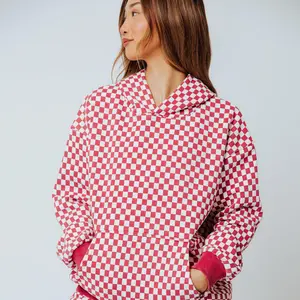 Adult Unisex Hoodie - Washed Red and White Mini Check