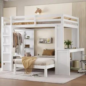 Bellemave Modern Bunk Bed with Dismountable Lower Bed & Built-in Desk Solid Wood Frame Ample Storage Shelves Wardrobe Safety Design Electrostatic Powder Coating