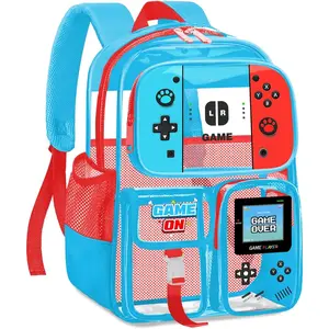 Clear Backpack for Boys - Gamer Kids Clear Bookbag for School, Large See Through PVC Backpack for Stadium Events, Travel, College, Work
