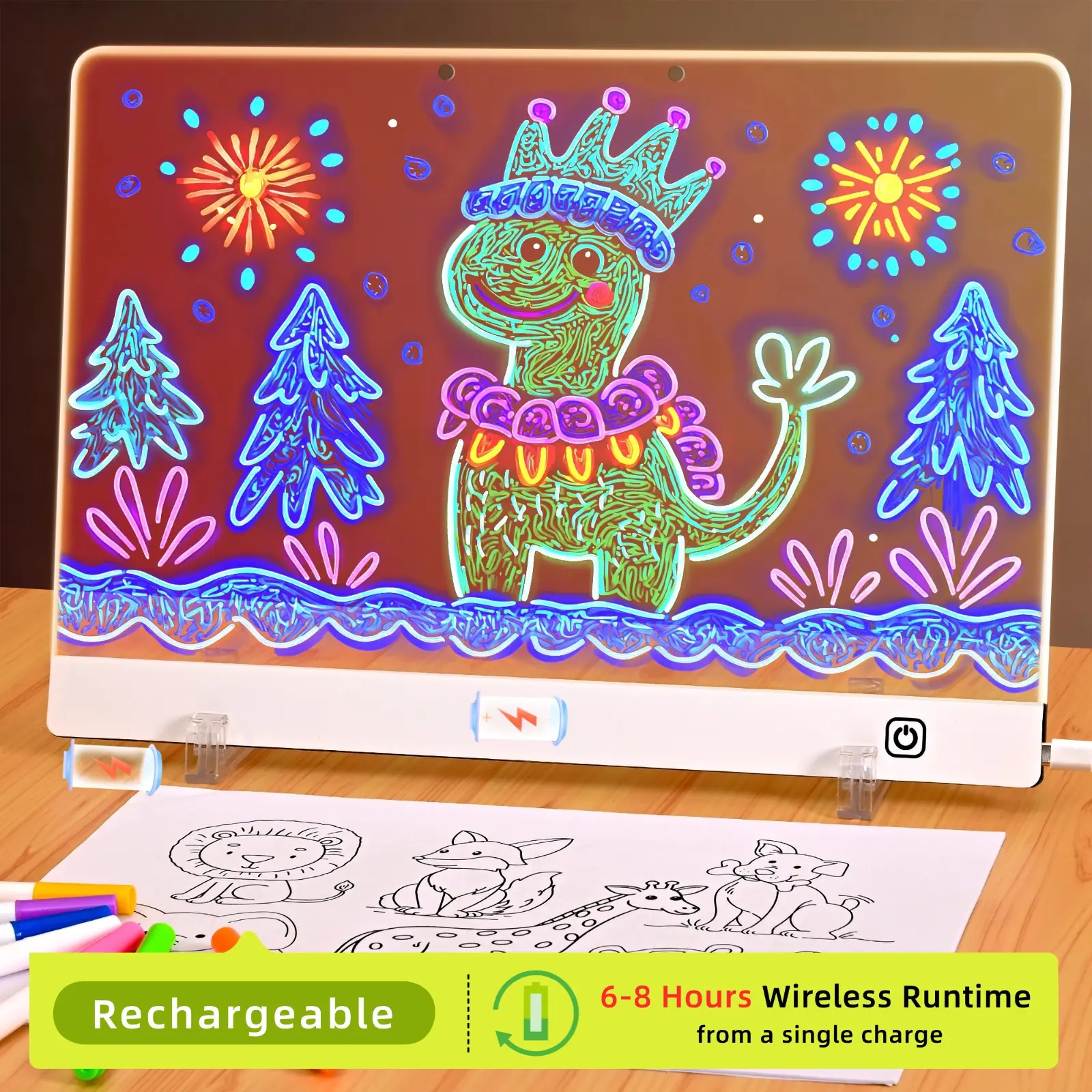2026 Upgraded Rechargeable LED Drawing Board & Note Board (13.8"x10") - 7 RGB Modes, Stand, Markers, Wipes, Spray Bottle, Tracing Paper, Erasable Reusable, Ideal Birthday Gift for Men, Outdoor Fun Summervibe