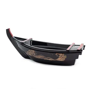Thy Home Traditional Aesthetic Lacquered Boat-Shape Sashimi Sushi Plate, Multi-Size Detachable Serving Tray with Ice Bin, Small Kitchenware for Home Dining & Restaurant Use