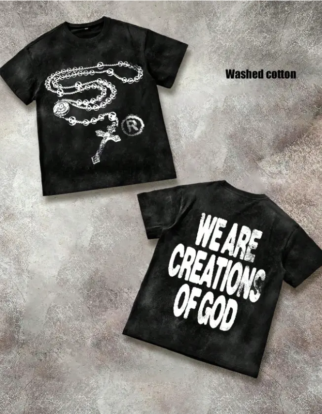 Vintage Distressed Rosary Cross We Are Creations Of God Faith Slogan Double Sided Cotton Tee Summer Cool Washed Cotton Street Religious Casual Daily Unisex Outfit