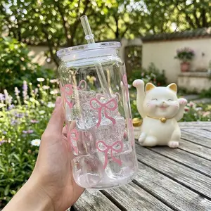3-piece set (1 cup + straw + lid) – transparent plastic cup with lid and straw, 500ml flat-bottomed plastic cup with straw, iced coffee cup, water bottle, mug, Christmas, party gifts, water, milk, juice, drinks, Drinkware, Tumbler