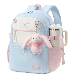 LOVEVOOK Backpack for Girls, Cute School Backpack with Bunny Charm & Large Cup Holder for Primary Elementary, Fits 15.6 Inch Laptop, Large Capacity Girls Bookbag