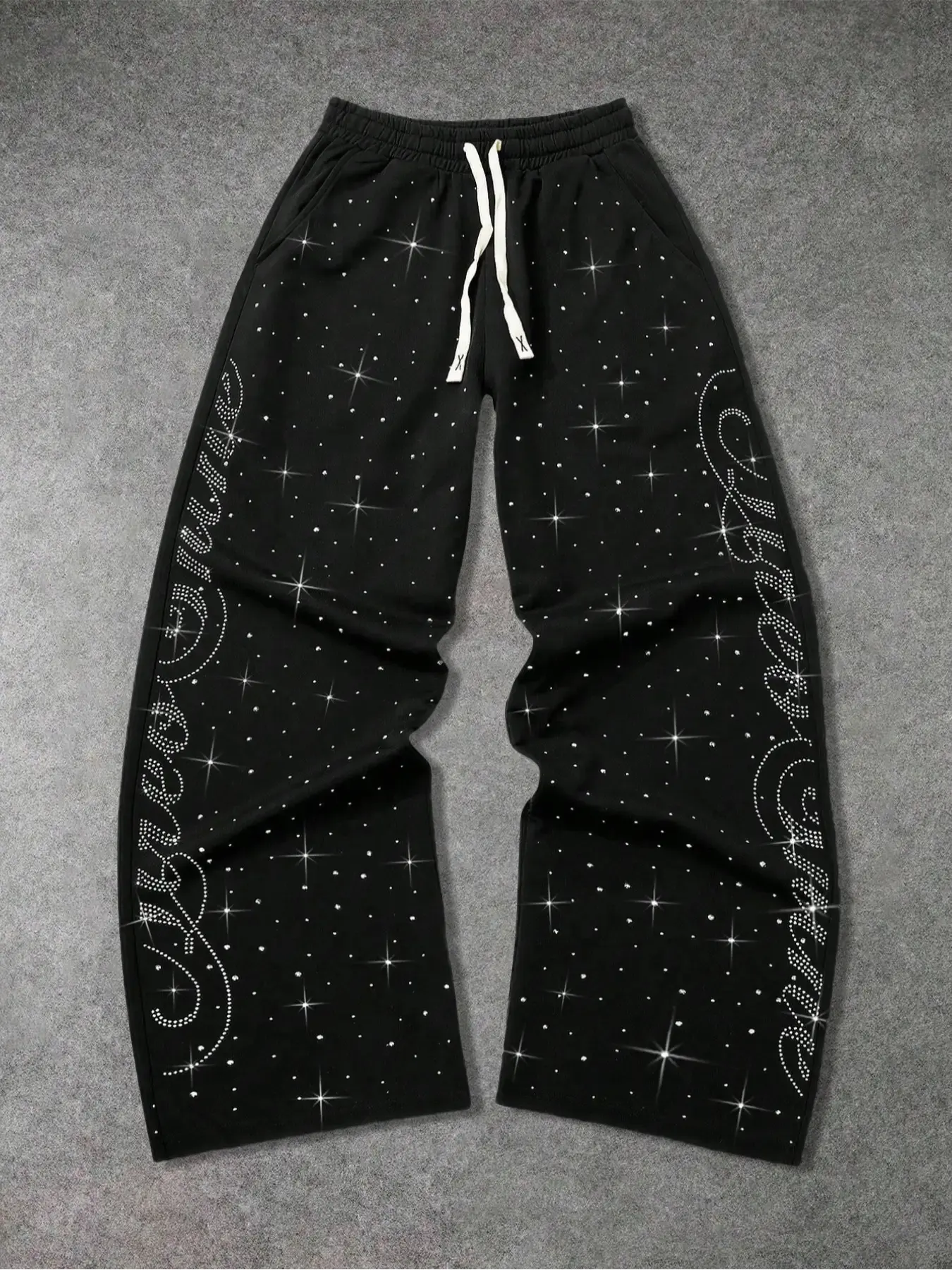 Men's Summer Drawstring Waist Sport Pants, Unique Fashion Rhinestone Letter Design, Trendy Straight Leg Joggers for Street Style