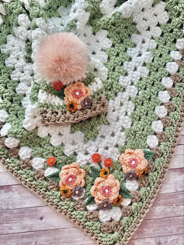 Green Floral Love Crochet Blanket & Hat