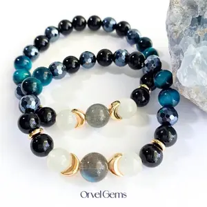 Triple Moon Protection Bracelet – Moonstone, Black Obsidian, Blue Tiger’s Eye, Hematite & Tourmalinated Quartz – Celestial Jewelry for Moon Phases & Manifestation Adjustable Bangle
