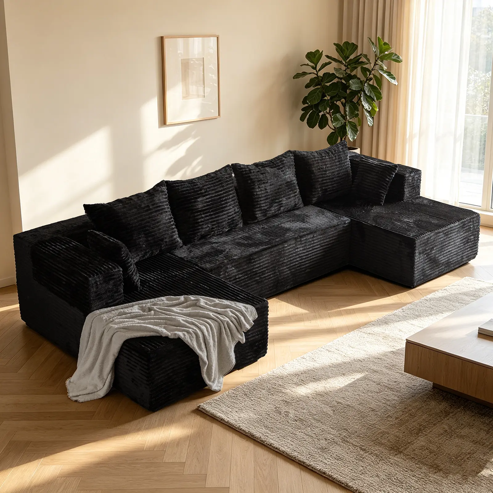 132"U-Shape Modular Sectional Couch SofaBoneless Compressed Corduroy Modern SleeperSpace-Efficient Convertible Design 3 PackagesShipping living room，sofas living room，living room furniture，boneless sectional couch