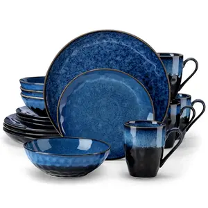 vancasso Starry 16-Pieces Dinnerware Set for 4, Reactive Glaze Blue/Red/Green Stoneware Plates and Bowls Set, Dishes Set with Mugs for 4, Microwave & Dishwasher Safe Tableware
