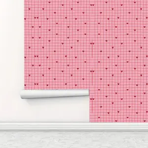 Cute Pink Heart Grid Pattern Wallpaper, 1 Roll Self-adhesive Waterproof Removable Wallpaper, Wall Decor for Home Living Room Kitchen Bedroom Dormitory