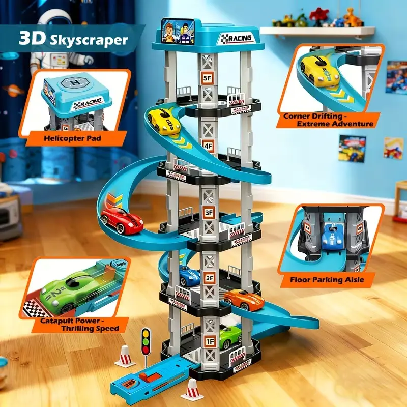 Five-Layer Parking Garage Track Set, Includes 2 Race Cars, Launcher, Curve Drift Lane, Helicopter Pad, DIY Puzzle Toy, Birthday Gift for Kids, Engineering Road Playset