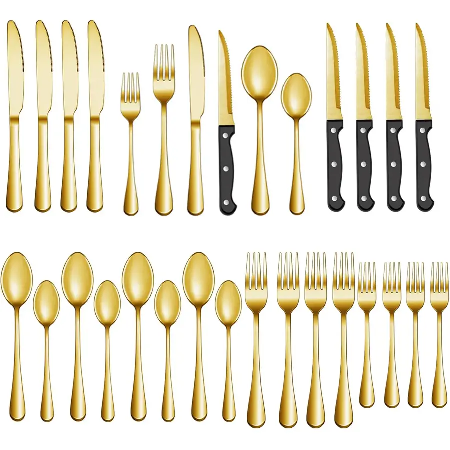 24 Piece Gold  Silverware Set, Stainless Steel Service For 4，Modern Polished Dining, Cutlery Tableware Set, Eating Utensils Set for Kitchen, Including  Steak Knife, Fork, Spoon, Flatware Set Dishwasher safe