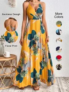 Women's Tropical Print Split Thigh Dress, Backless Hollow Out Design, Summer Vacation Perfect, Fitted Sleeveless Bohemian Boho Style
