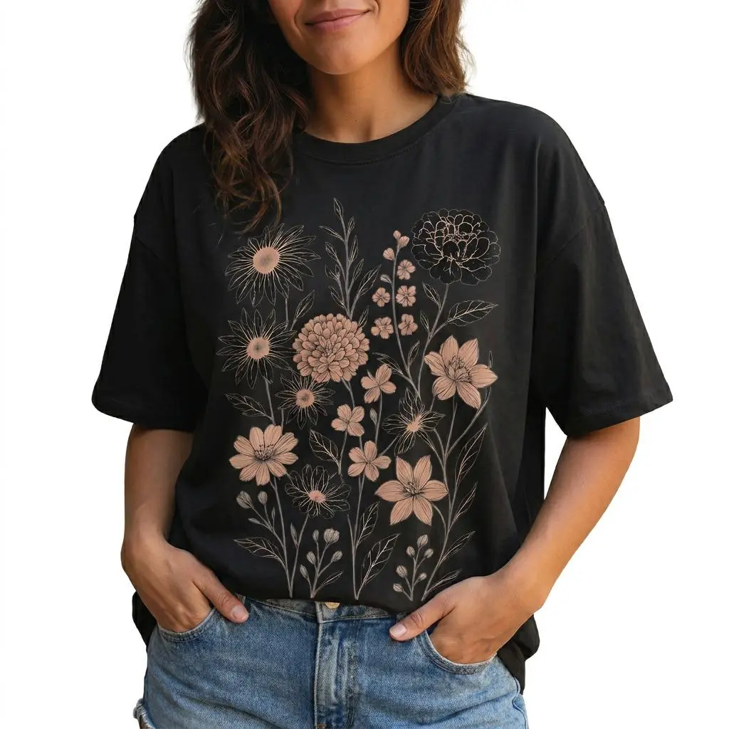 Vintage Botanical Floral Graphic Tee Women Plus Size Boho Wildflower Shirt