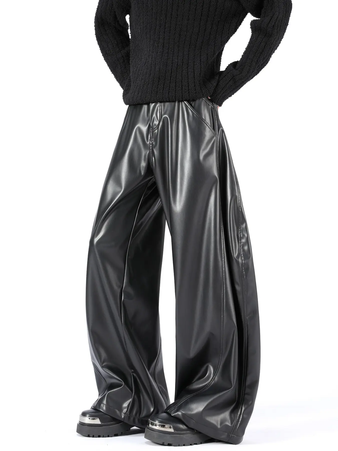 Men's Straight Leg Leather Pants, Plain Loose Oversized Comfortable Long Trousers, Versatile Single Piece, Casual Fashion