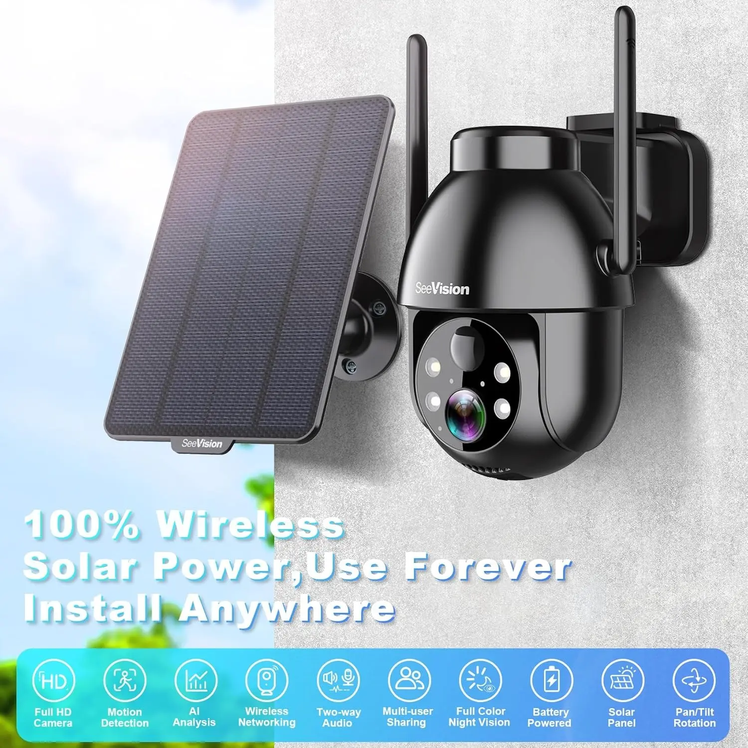 SeeVision   WiFi Security Outdoor Solar Wireless Camera For Home with Spotlight, PIR Motion Detection, Color Night Vision, and Two-Way Talk