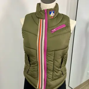 m’bellish One-of-a-Kind Olive Puffer Vest with Patches & Stripe Detail – Hand Embellished by Trish