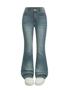 Girls' Fashionable Elastic Bell-Bottom Jeans, Comfortable Washed Solid Color Denim Jeans, Casual Spring Summer Versatile, Light Wash Jeans, Essential Jeans