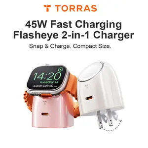 TORRAS Flasheye 45W 2-in-1 Charger for Apple Watch, Snap-On Magnetic Charging, 45W USB-C PD Fast Charging for iPhone17 16 15 14 13Pro Max, iPad & MacBook, travel, Compact Cute Desk Charger, Foldable Plug, Travel Friendly, Minimal Setup for Apple Lovers