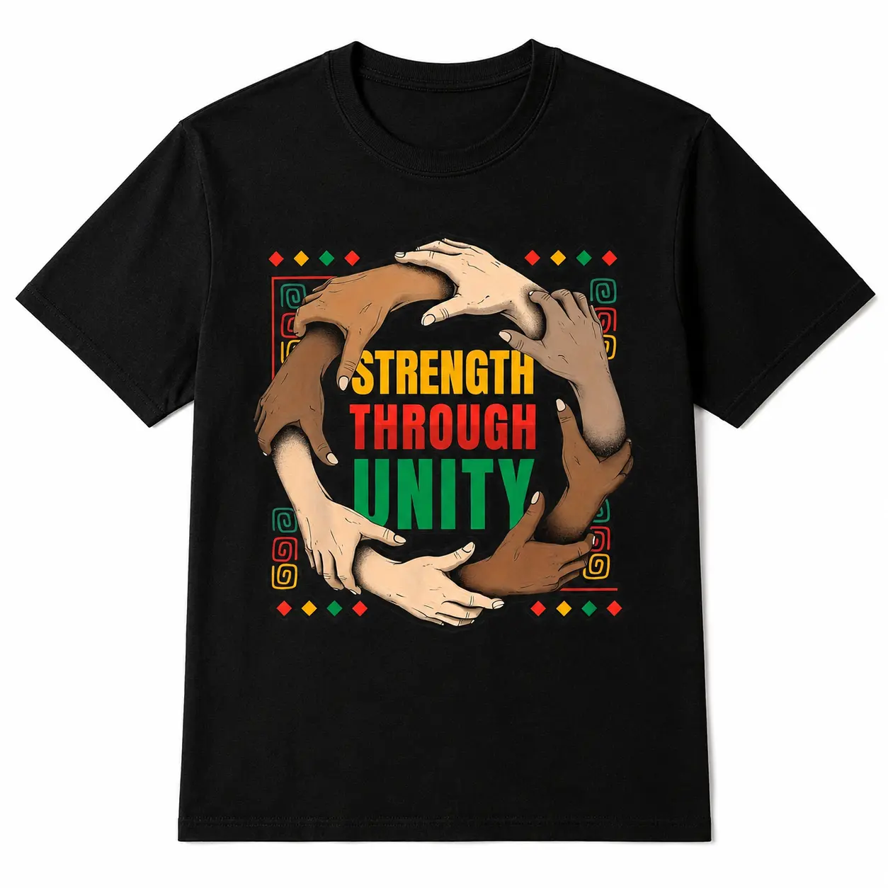 Men's Graphic T-Shirt with 'Strength Through Unity' Colorful Print, Casual Crew Neck Short Sleeve Tops, Black Fashion Clothes, Outfits, Machine Washable