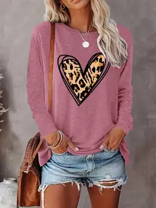 Women's Leopard Heart Print Round Neck T-shirt, Casual Long Sleeve Crew Neck Tee for Fall & Winter, Women's Clothes for Daily Wear
