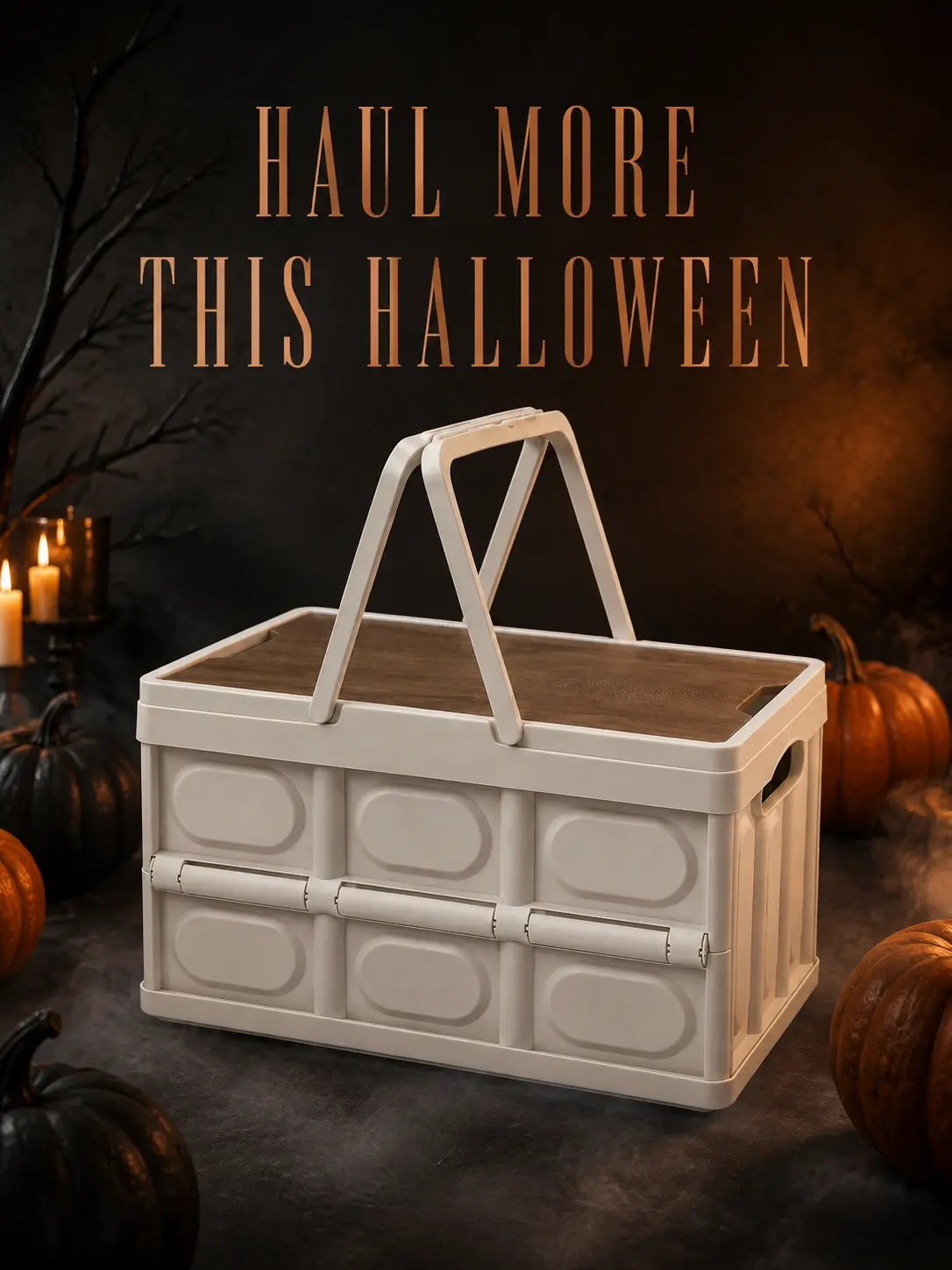 MeToMe Halloween Collapsible Storage Bin with Handles & Wooden Lid, 50L Large Capacity Stackable Utility Crate for Candy, Décor, Home & Outdoor Storage