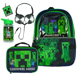 Minecraft Backpack 5-Piece Set Creeper Survival Mode Kids Book Bag 17"