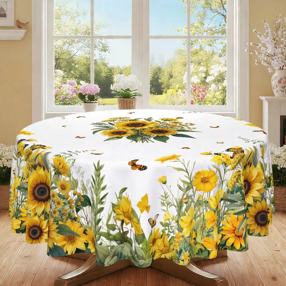 Sunflower Print Round Tablecloth, 2D Flat Polyester, Durable, Soft, Practical Sizes, 120g/m², Furniture Protector, Party Decor, Holiday Gift, Hotel, Restaurant, Dining Room, Home
