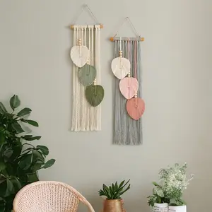 Macrame Wall Hanging Boho Style, Handmade Fringe Unique Leaves Fiber Art Rug, Living Room Bedroom Background Decor, Wall Tapestry