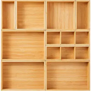 Drawer Organizer, Set of 9 Bamboo Wood Kitchen Makeup Desk Junk Tea Drawer Storage Boxes Bins for Cutlery Silverware Utensils Flatware, Small Wooden Container Tray for Bathroom, Office