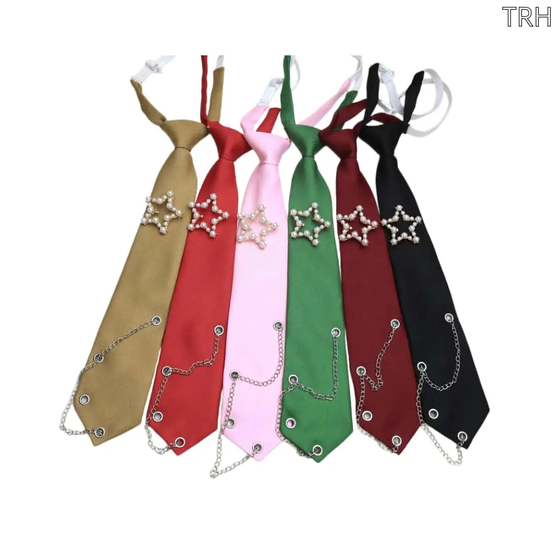 6pcs Women’s Pre‑Tied Star Pearl Chain Necktie, Viral Preppy Dark Academia JK Accessory, Minimalist Y2K Gothic Shirt Decor, Versatile Trendy Neck Tie for Teen Girls, School Uniform, Daily Outfits, Cosplay & Party Styling Star Ornaments Lightweight