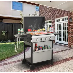 Aobtkel®4-Burner Propane Gas BBQ Grill, SS Plancha, 49200BTU Output With Wire Enamel Cooking Grids For Outdoor Barbecue, Foldable Side Table, Hanging Basket, Stainless Steel#Summervibes