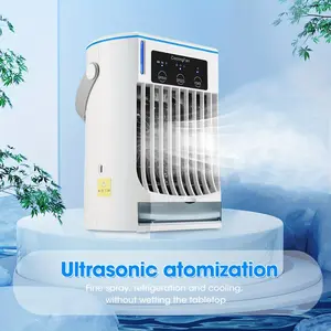 Mini air cooler USB plug in three speed wind speed+ultrasonic atomization desktop small air conditioner with ambient light activated carbon filter, portable for home and office use