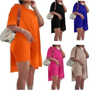 Women 2 Piece Outfits Lady Crewneck Short Sleeve Tunic Tops and Skinny Biker Shorts Sets Tracksuits Casual Soft comfortable Loose and flowy Womenswear Clothes Leggings Stylish Holiday summer party rave OutfitsGift