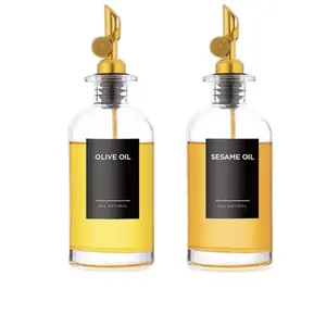Olive oil dispenser, glass oil bottle, coffee syrup dispenser for kitchen, gold-ish cooking oil and vinegar dispenser set with weighted pourer, funnel and 35 black labels |set of 2 Refillable