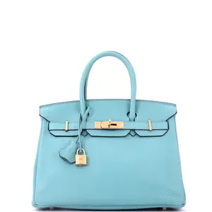 Pre-owned HERMÈS Leather Top Handle Bags Hermes Birkin Handbag Bleu Atoll Clemence with Gold Hardware 30 by Rebag