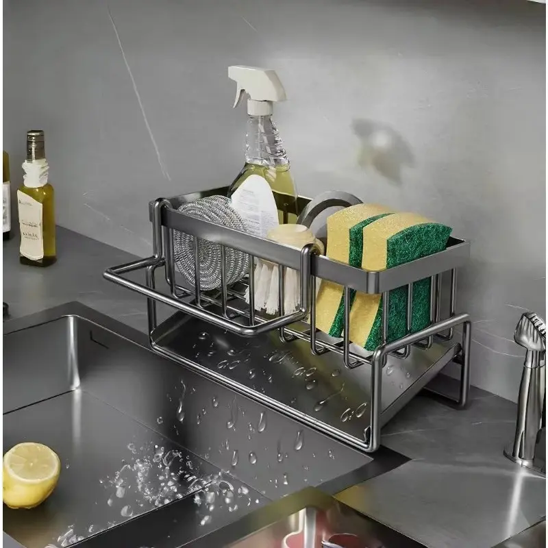 Kitchen Essentials Stainless Steel Dish Rack with Sponges and Spray Bottle Holder for Efficient Organization