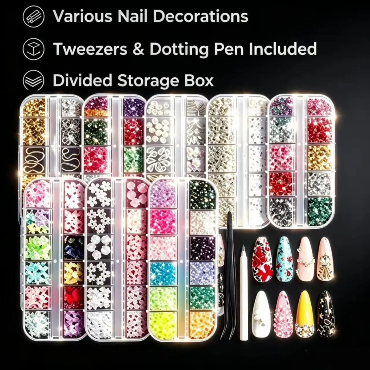 Nail Decoration Sets Multi-Pack - Gold Flatback Rhinestones, Gems, Pearls, 3D Cross Heart Charms, Tools for Nail Design, DIY Craft Projects
