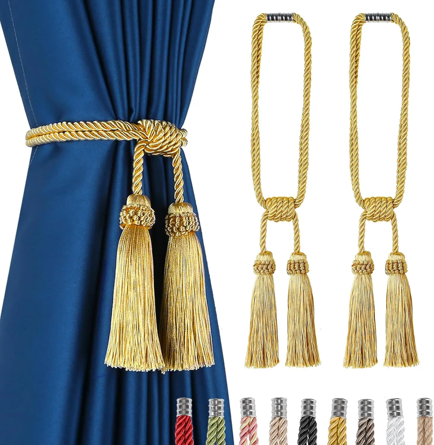 2-Pack Modern Gold Curtain Tiebacks with Tassels - Nickel Plated, Smooth Finish Decorative Drapery Holdbacks for Home Window