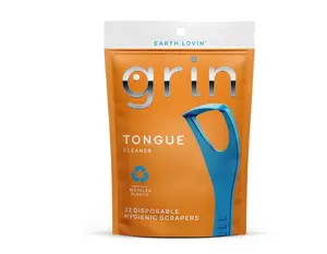 GRIN Tongue Cleaner, 32 Count, Disposable, Hygienic Scraper, Recycled Plastic, Clean, Promote Fresh Breath, Includes Safe Fold- Back Tooth Pick Cleansing Gentle Oral Daily